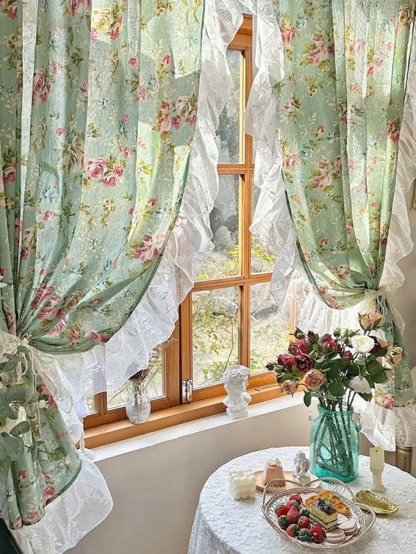 Rem linen tho in hoa mau xanh