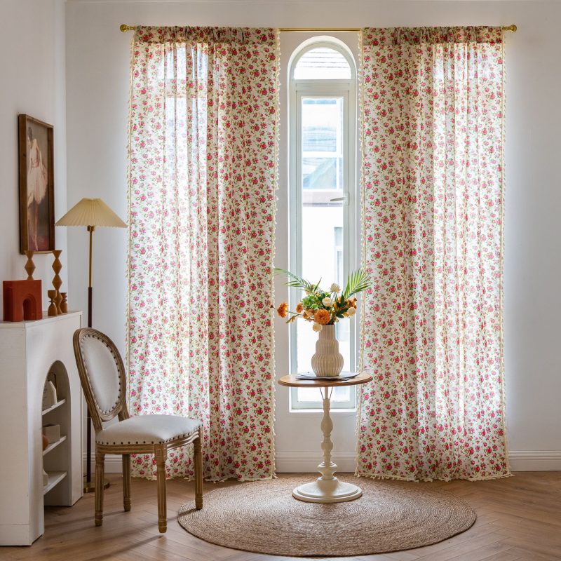 Rèm linen thô in hoa may luồn thanh
