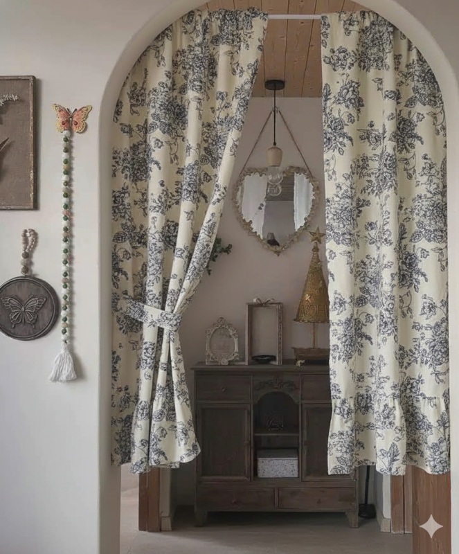 Rèm cửa đi vải linen hoa xanh ghi