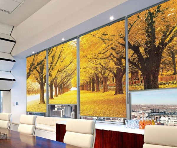 Rèm cuốn in tranh hình cây lá vàng mùa thu