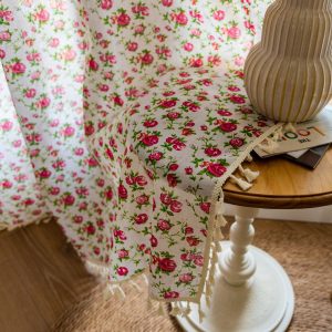 Rèm linen thô in hoa hồng nhí RV99