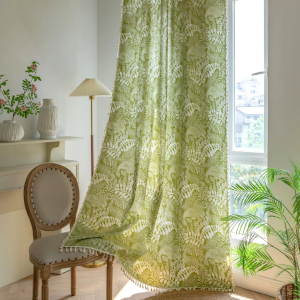 Rèm vải linen thô in hoa màu xanh RV100