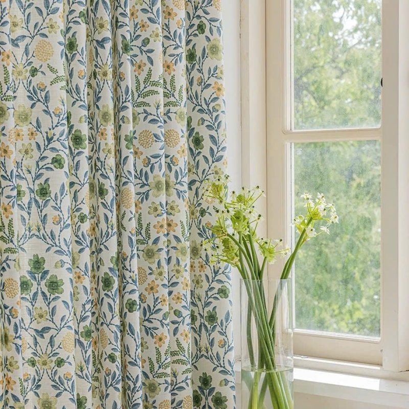 Rèm voan linen hoa xanh V35 10 Rèm voan linen hoa dây xanh