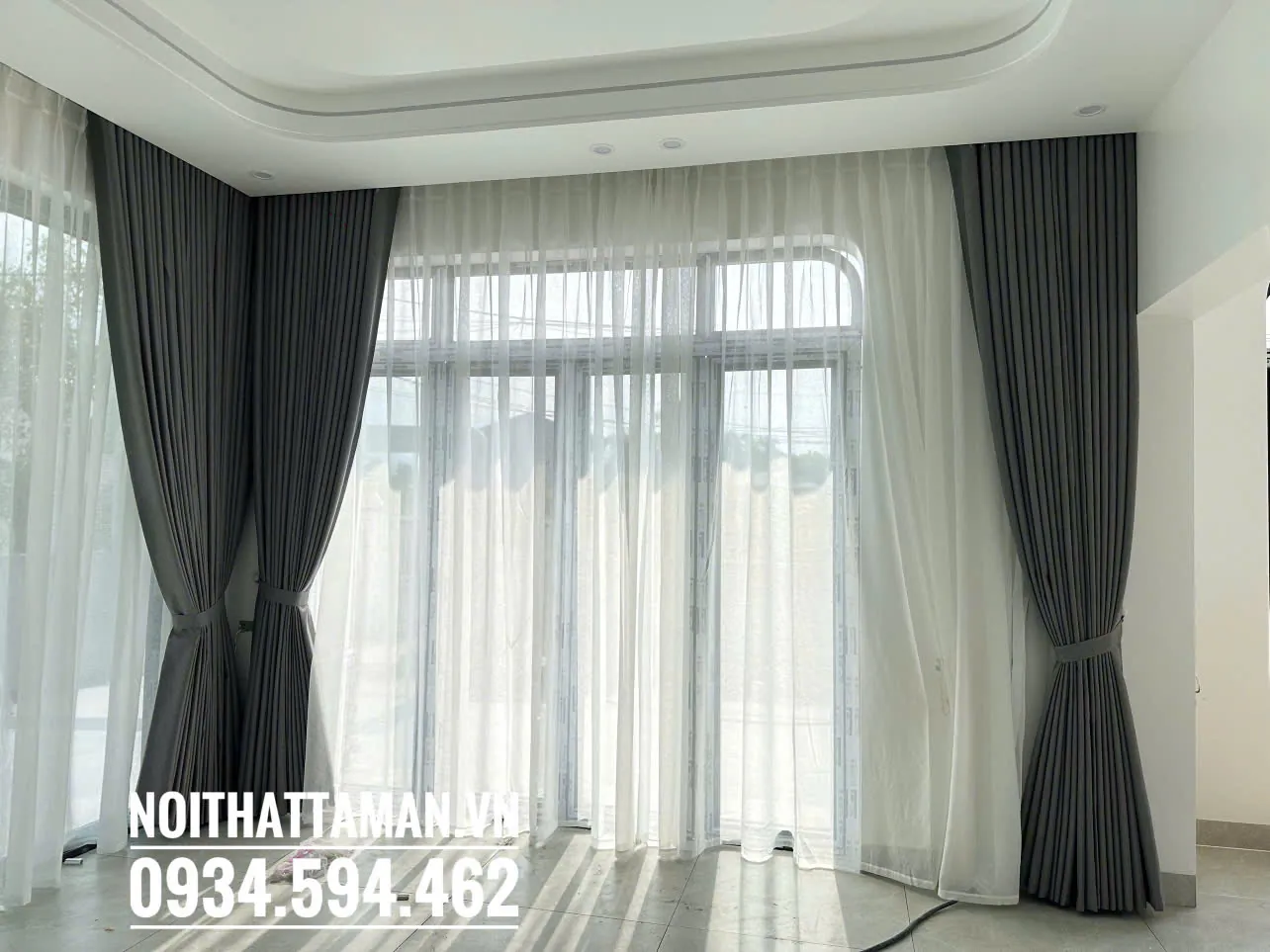 Rèm vải tráng cao su cản sáng 100% kết hợp voan trắng xước